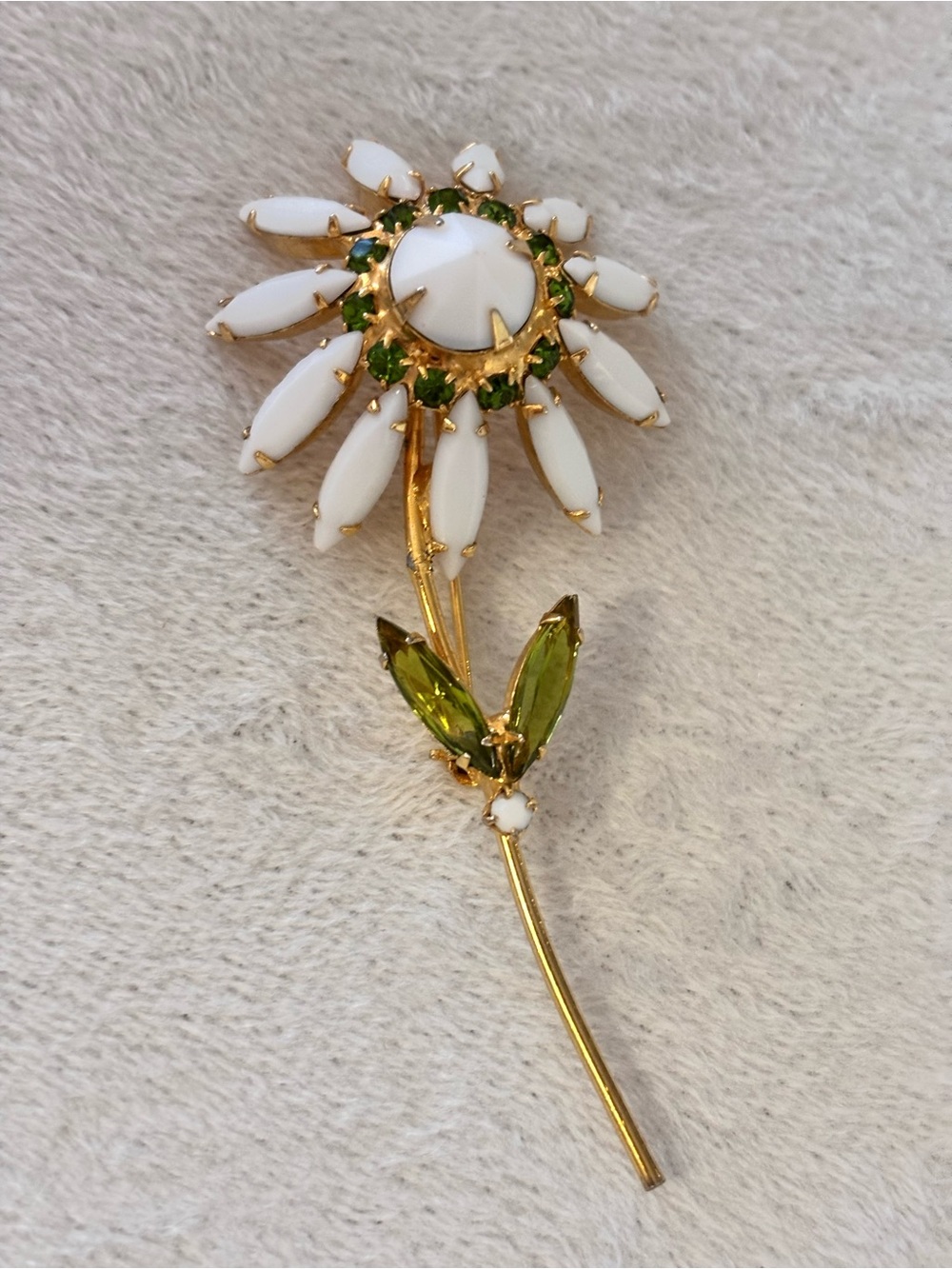Vintage Milk Glass Green Rhinestone Flower Brooch 3.5” Gold Tone